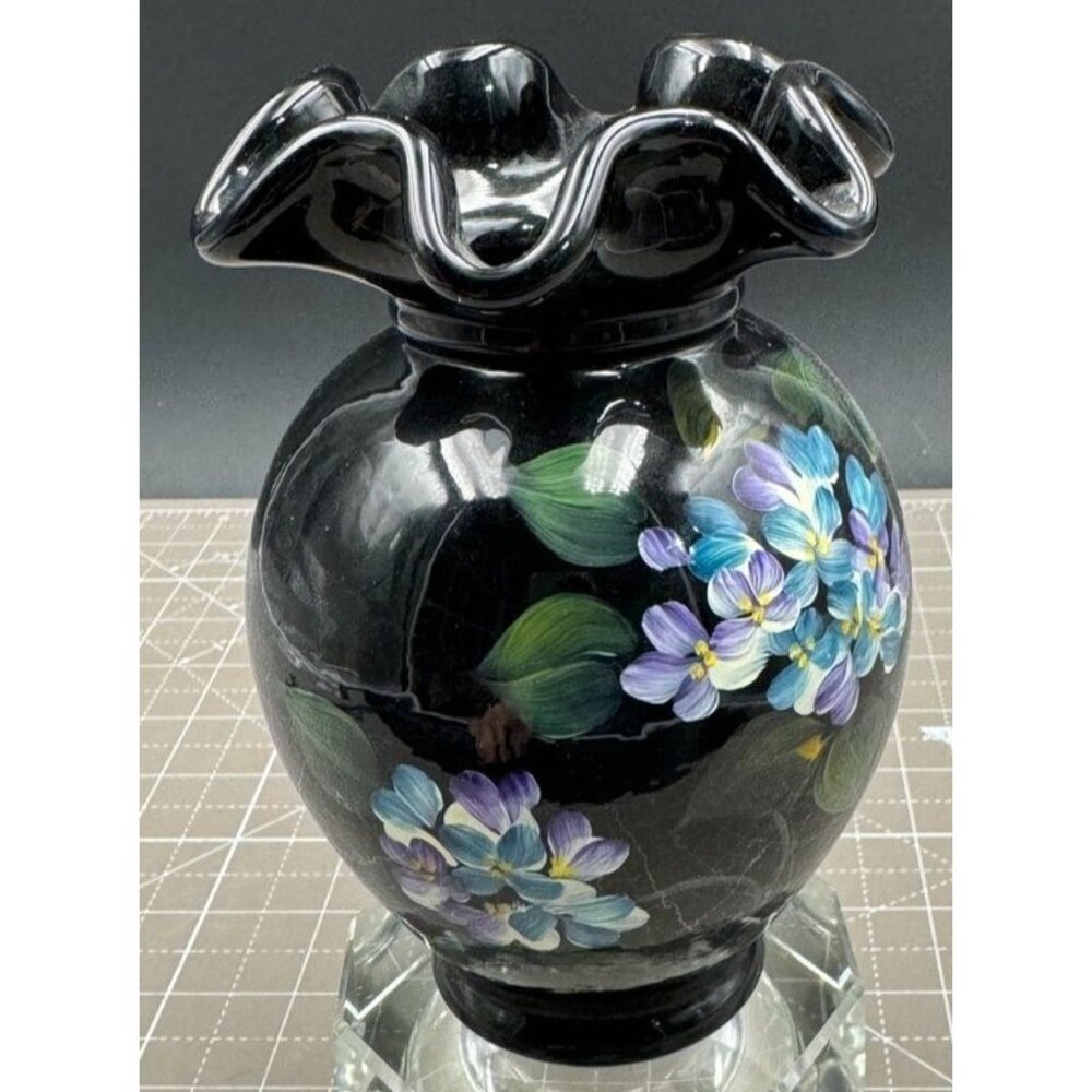 Handpainted Fenton Ebony Glass Vase Floral Design J Cutshaw